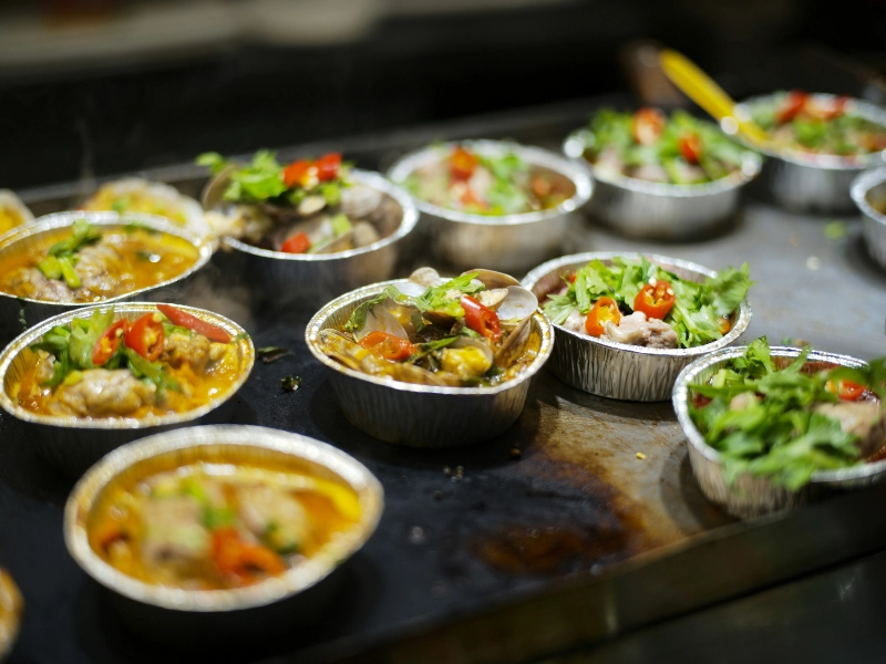 Indian catering event with colorful dishes