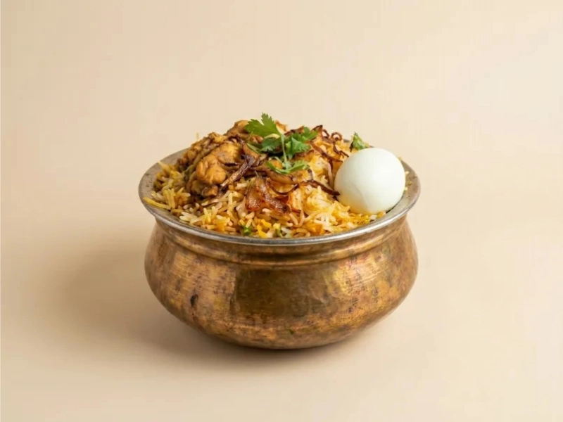 Chicken Dum Biryani — spiced rice with chicken and raita